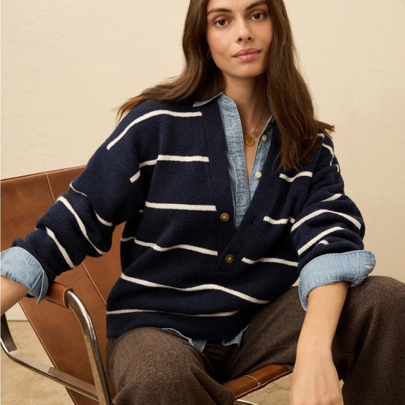 Faherty Sweaters - Faherty Jackson V-neck popover Norman Navy stripe